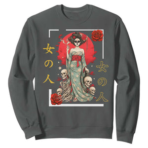 Gothic Japanese Geisha Skeleton Sweatshirt Wearing Kimono TS12 Dark Heather Print Your Wear