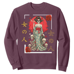Gothic Japanese Geisha Skeleton Sweatshirt Wearing Kimono TS12 Maroon Print Your Wear