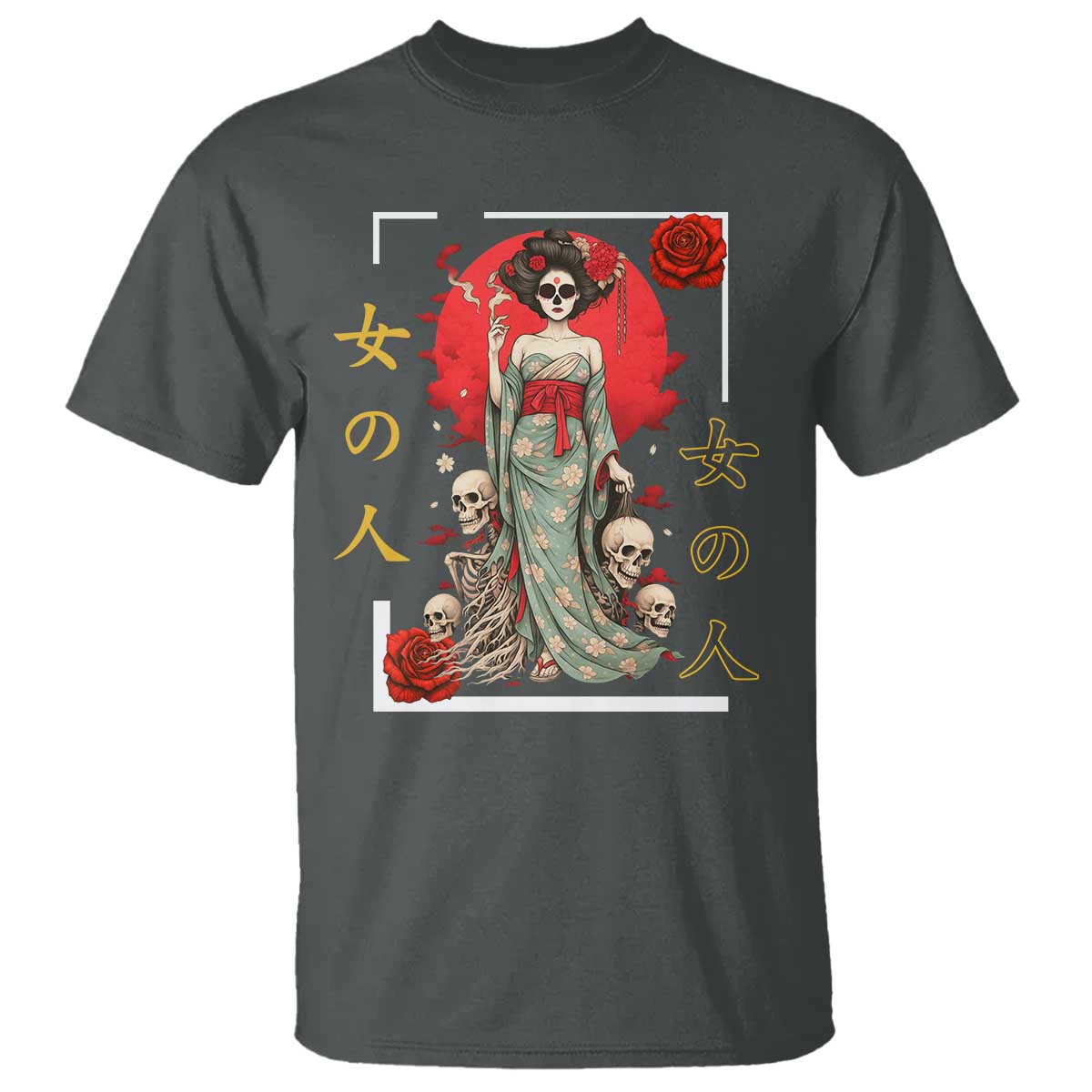 Gothic Japanese Geisha Skeleton T Shirt Wearing Kimono TS12 Dark Heather Print Your Wear
