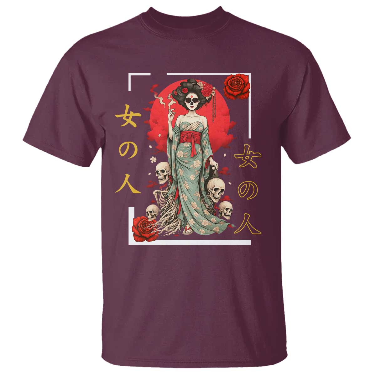Gothic Japanese Geisha Skeleton T Shirt Wearing Kimono TS12 Maroon Print Your Wear