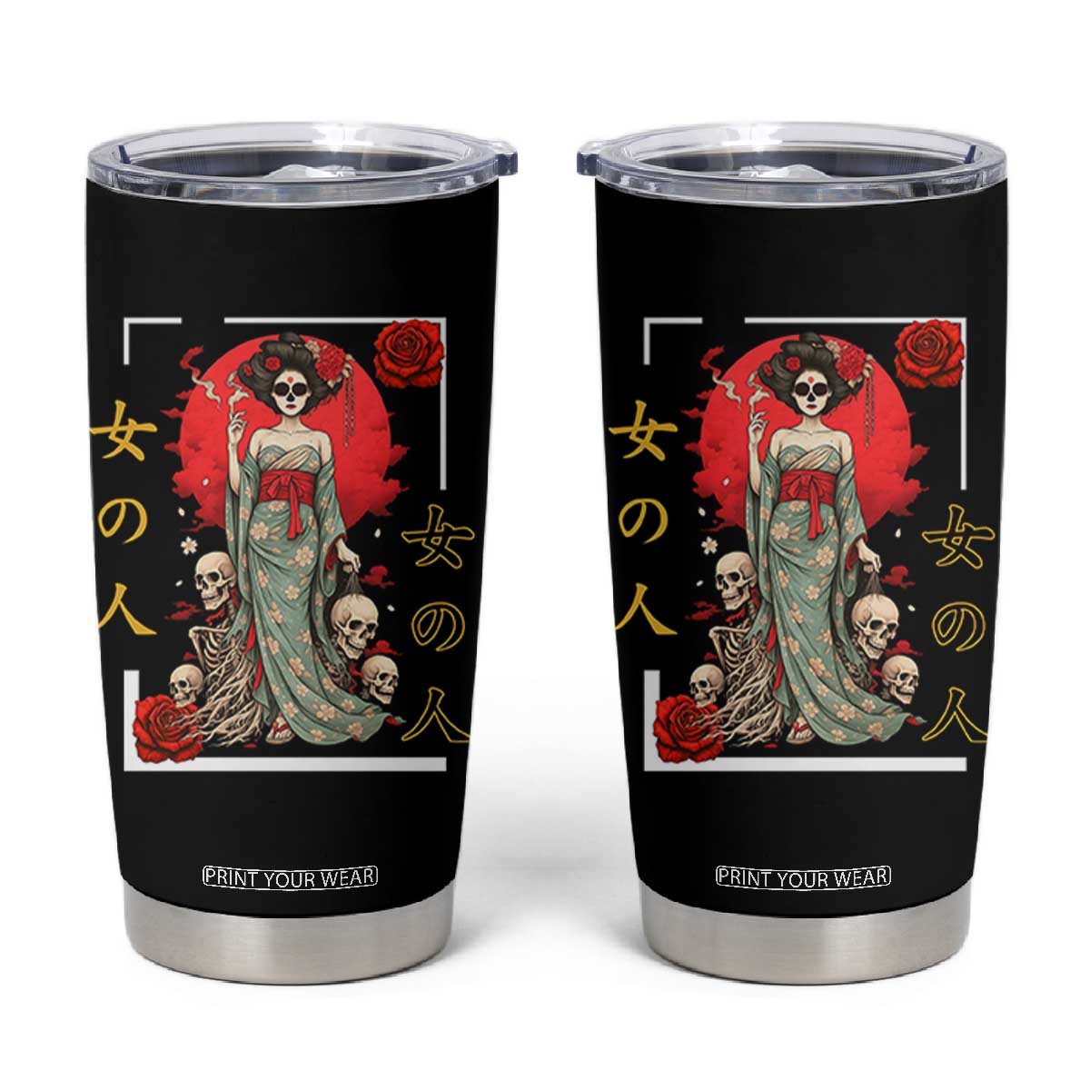 Gothic Japanese Geisha Skeleton Tumbler Cup Wearing Kimono TS12 Black Print Your Wear