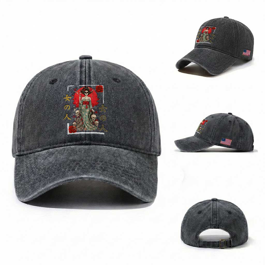 Gothic Japanese Geisha Skeleton Washed Cotton Baseball Cap Wearing Kimono TS12 Washed Cap Universal Fit Dark Gray Print Your Wear