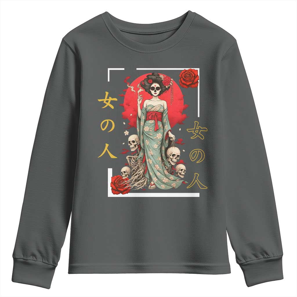 Gothic Japanese Geisha Skeleton Youth Sweatshirt Wearing Kimono TS12 Dark Heather Print Your Wear