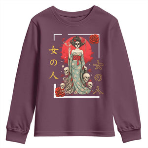 Gothic Japanese Geisha Skeleton Youth Sweatshirt Wearing Kimono TS12 Maroon Print Your Wear