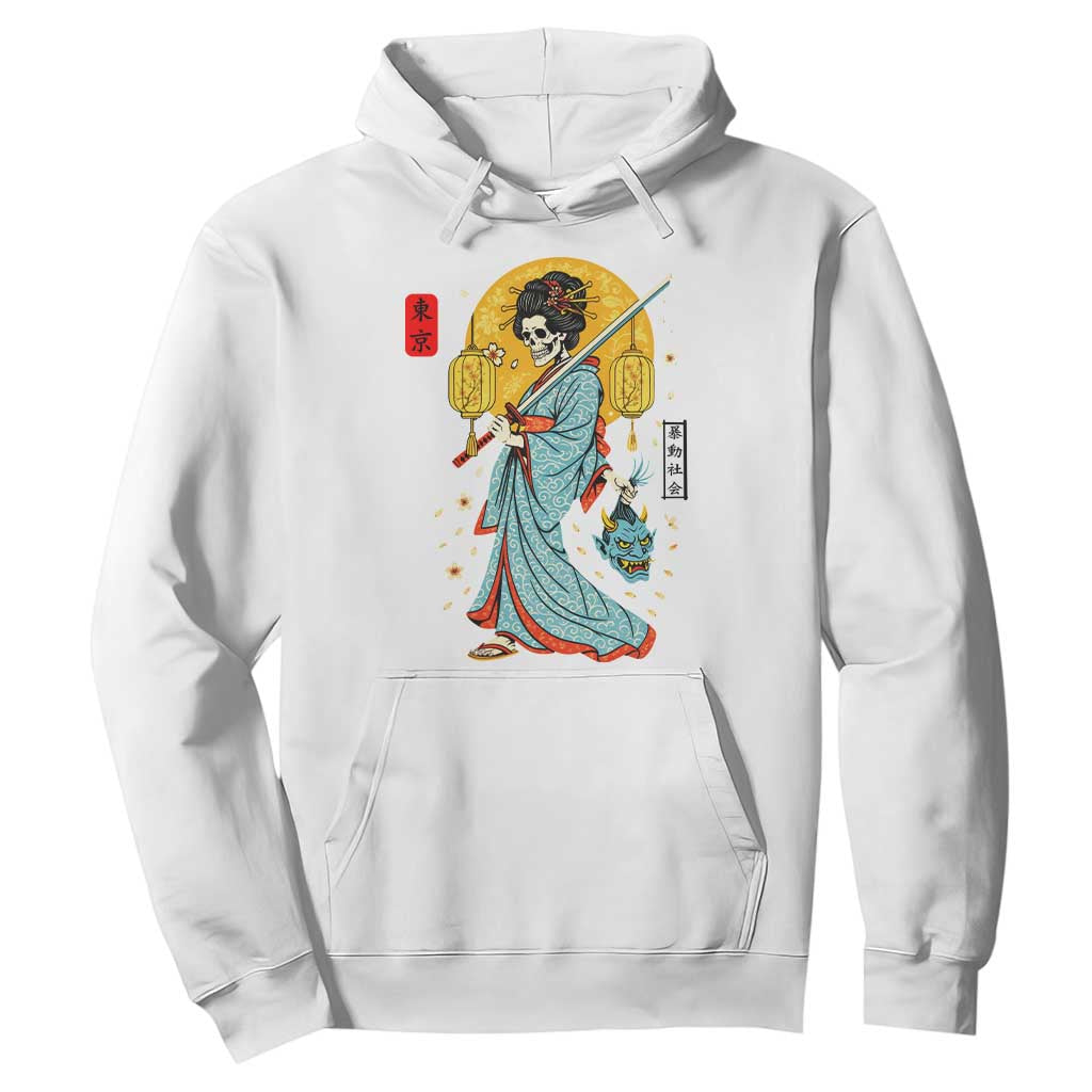 Gothic Samurai Geisha Skeleton Hoodie Japanese Kimono And Katana TS12 White Print Your Wear