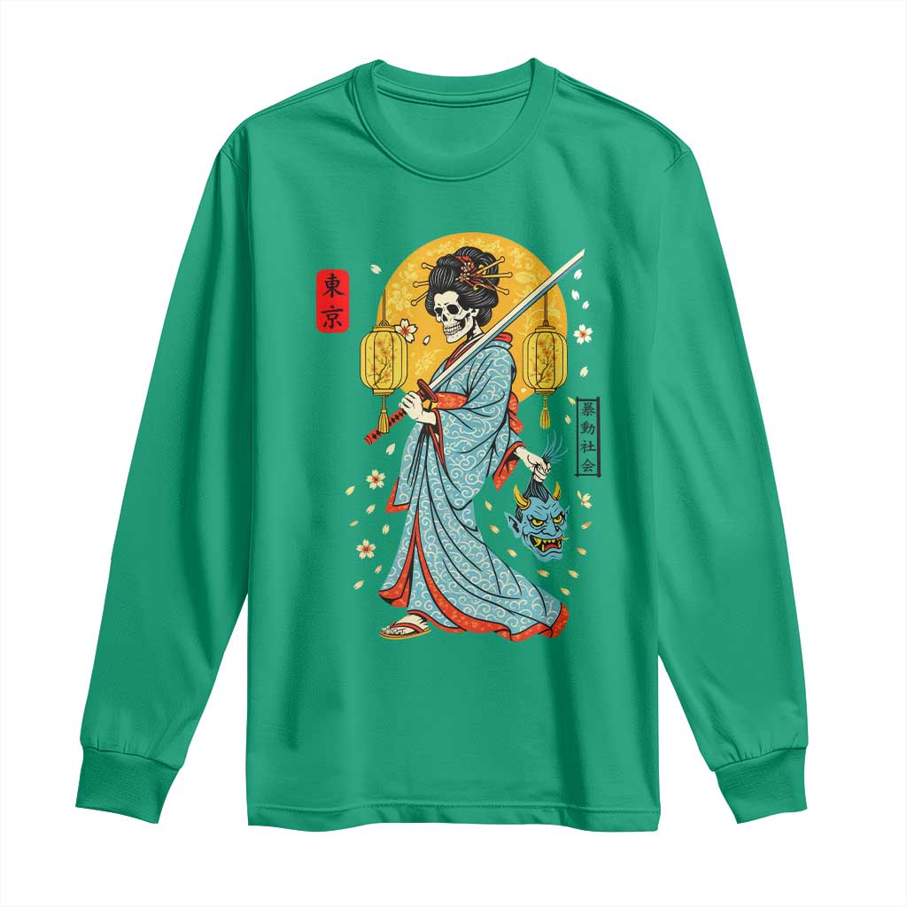 Gothic Samurai Geisha Skeleton Long Sleeve Shirt Japanese Kimono And Katana TS12 Irish Green Print Your Wear