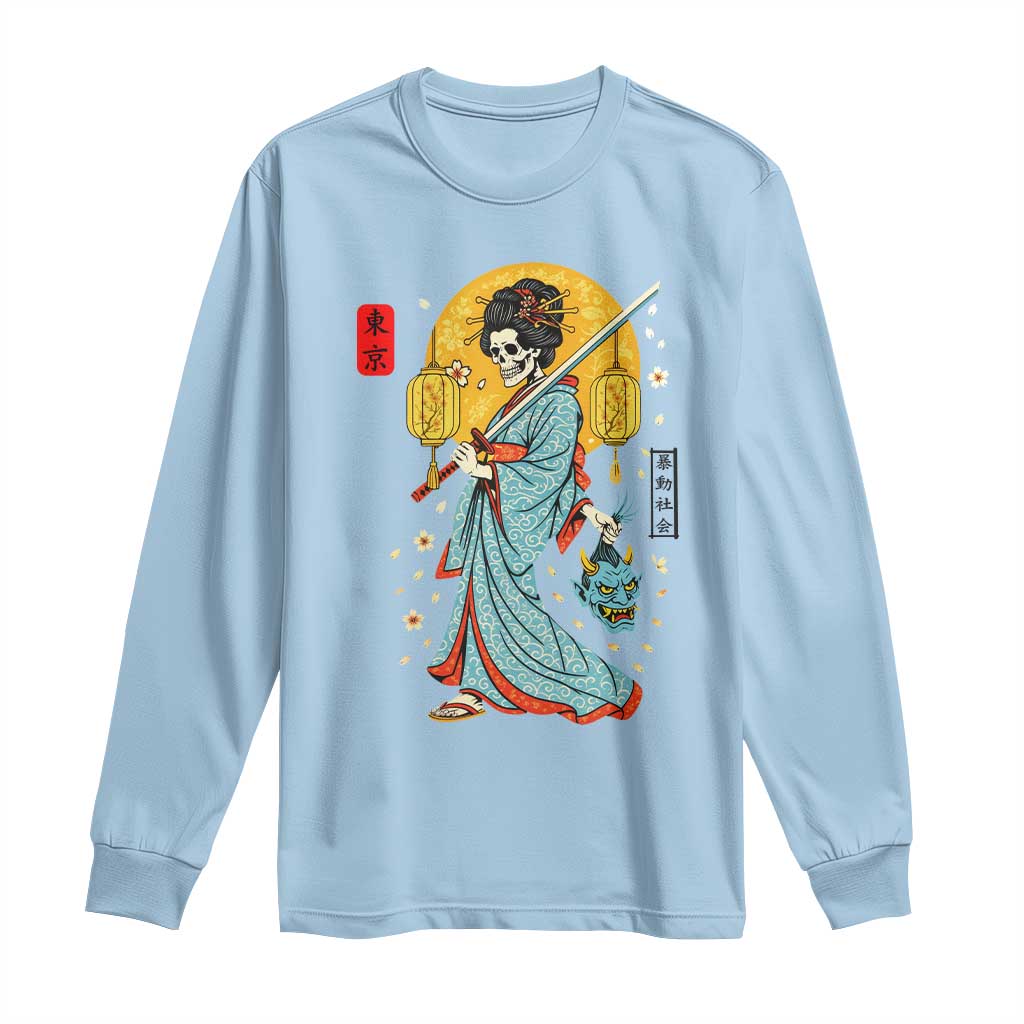 Gothic Samurai Geisha Skeleton Long Sleeve Shirt Japanese Kimono And Katana TS12 Light Blue Print Your Wear