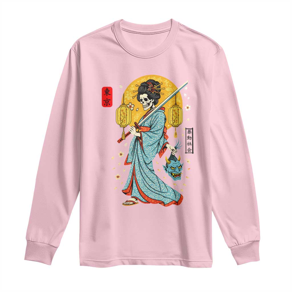 Gothic Samurai Geisha Skeleton Long Sleeve Shirt Japanese Kimono And Katana TS12 Light Pink Print Your Wear