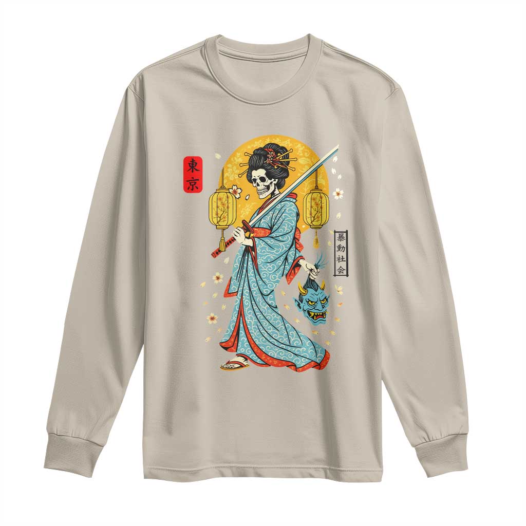 Gothic Samurai Geisha Skeleton Long Sleeve Shirt Japanese Kimono And Katana TS12 Sand Print Your Wear