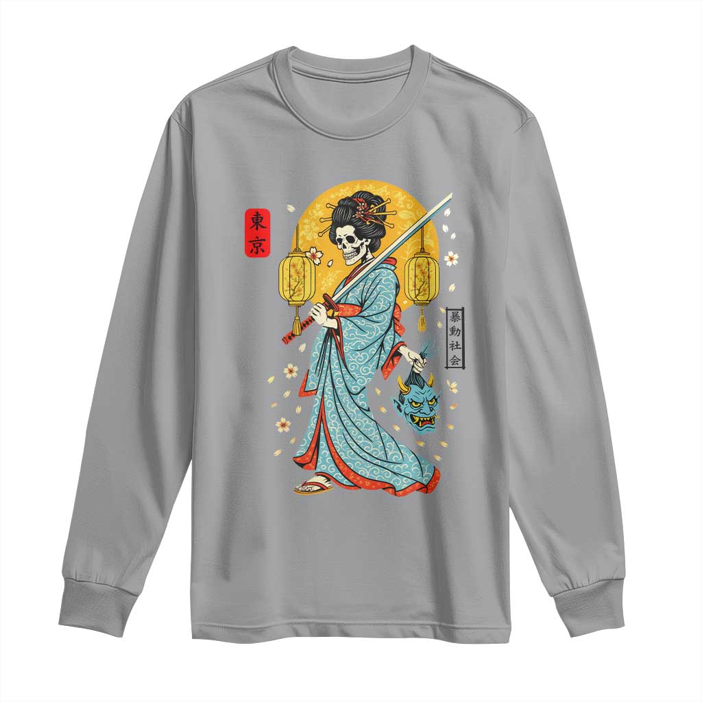 Gothic Samurai Geisha Skeleton Long Sleeve Shirt Japanese Kimono And Katana TS12 Sport Gray Print Your Wear