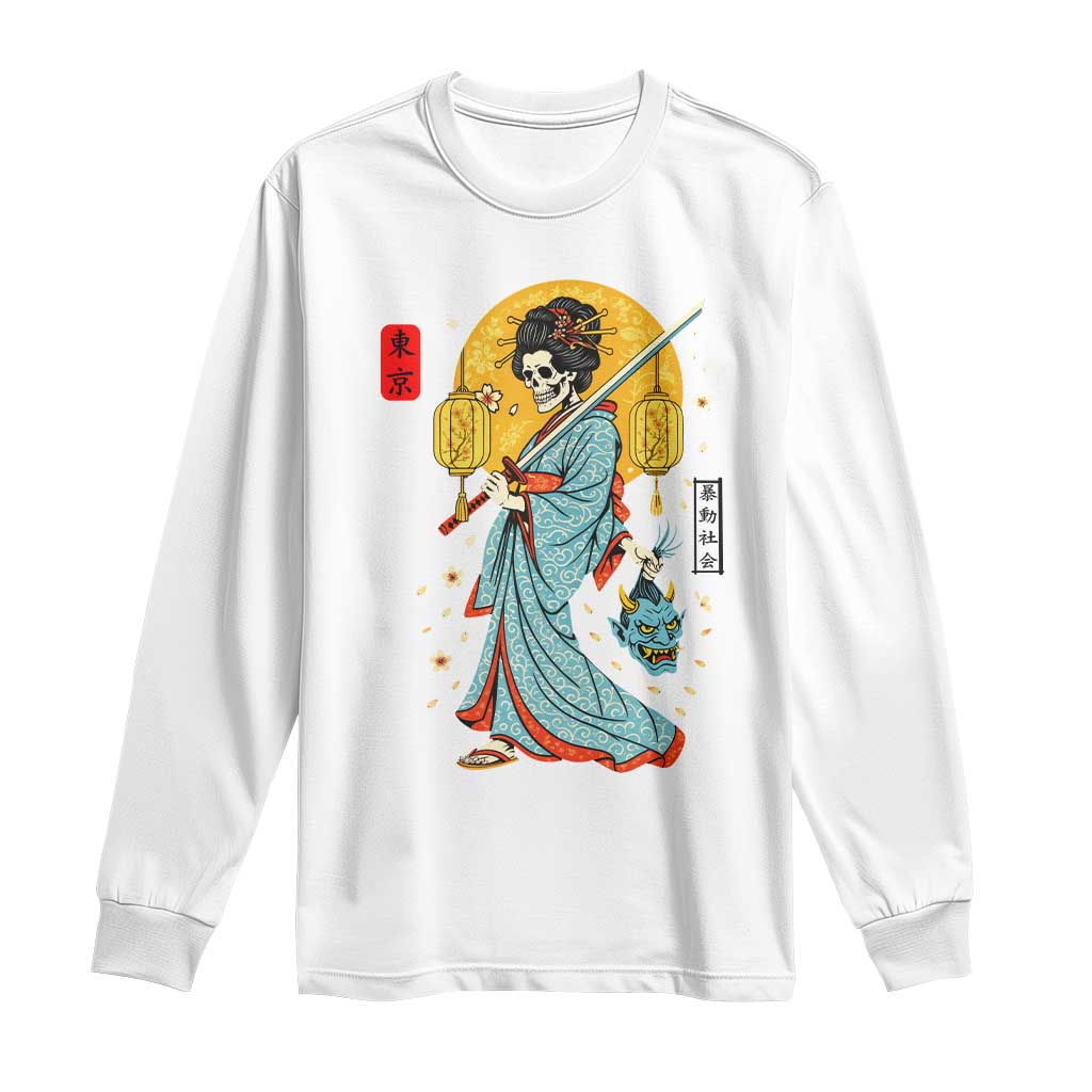 Gothic Samurai Geisha Skeleton Long Sleeve Shirt Japanese Kimono And Katana TS12 White Print Your Wear