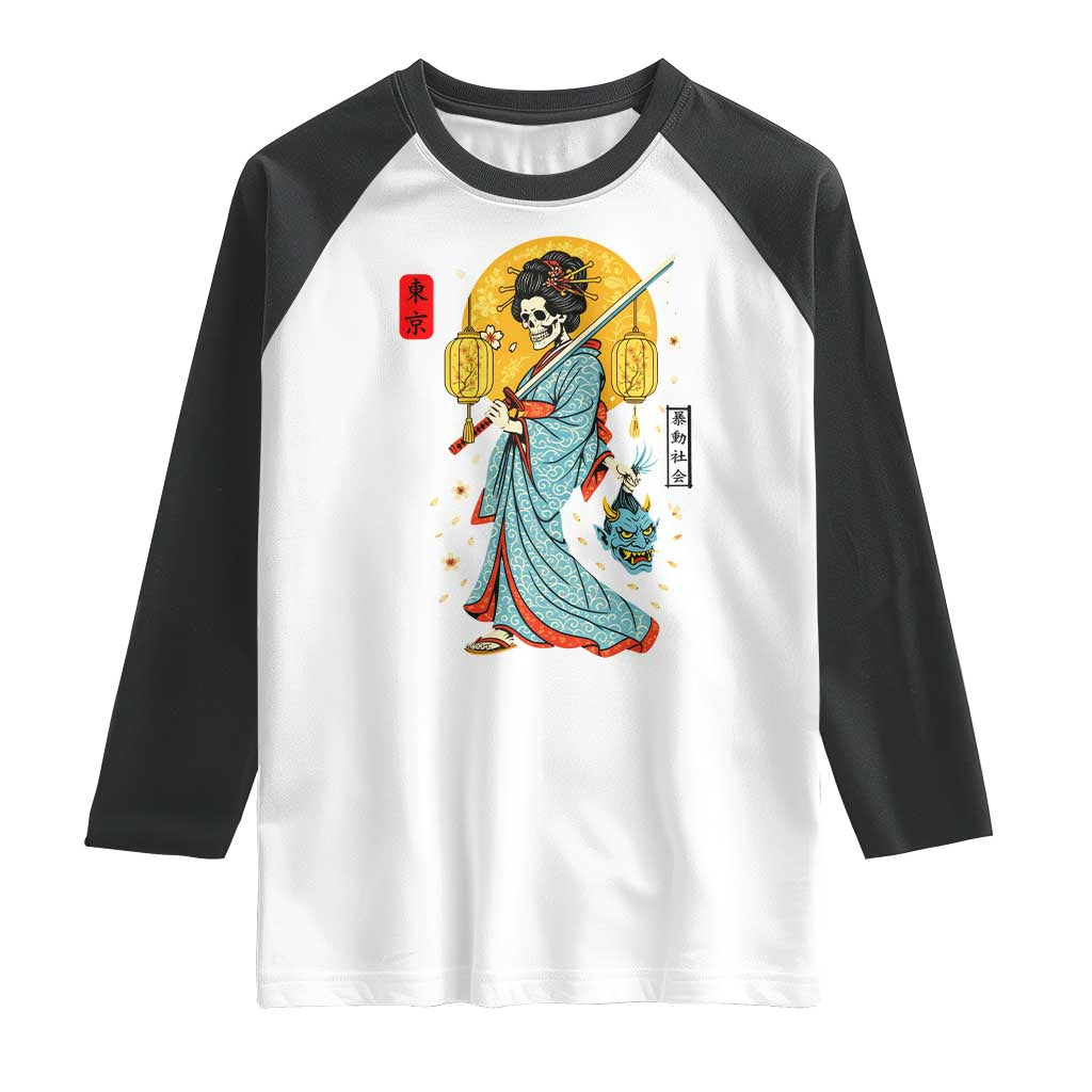Gothic Samurai Geisha Skeleton Raglan Shirt Japanese Kimono And Katana TS12 White Black Print Your Wear