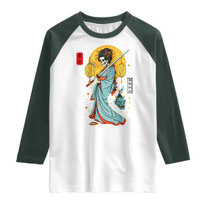 Gothic Samurai Geisha Skeleton Raglan Shirt Japanese Kimono And Katana TS12 White Dark Forest Green Print Your Wear