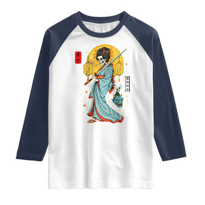 Gothic Samurai Geisha Skeleton Raglan Shirt Japanese Kimono And Katana TS12 White Navy Print Your Wear