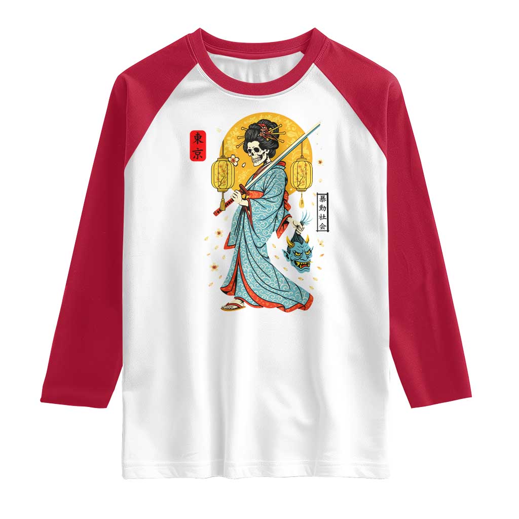 Gothic Samurai Geisha Skeleton Raglan Shirt Japanese Kimono And Katana TS12 White Red Print Your Wear