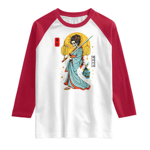 Gothic Samurai Geisha Skeleton Raglan Shirt Japanese Kimono And Katana TS12 White Red Print Your Wear