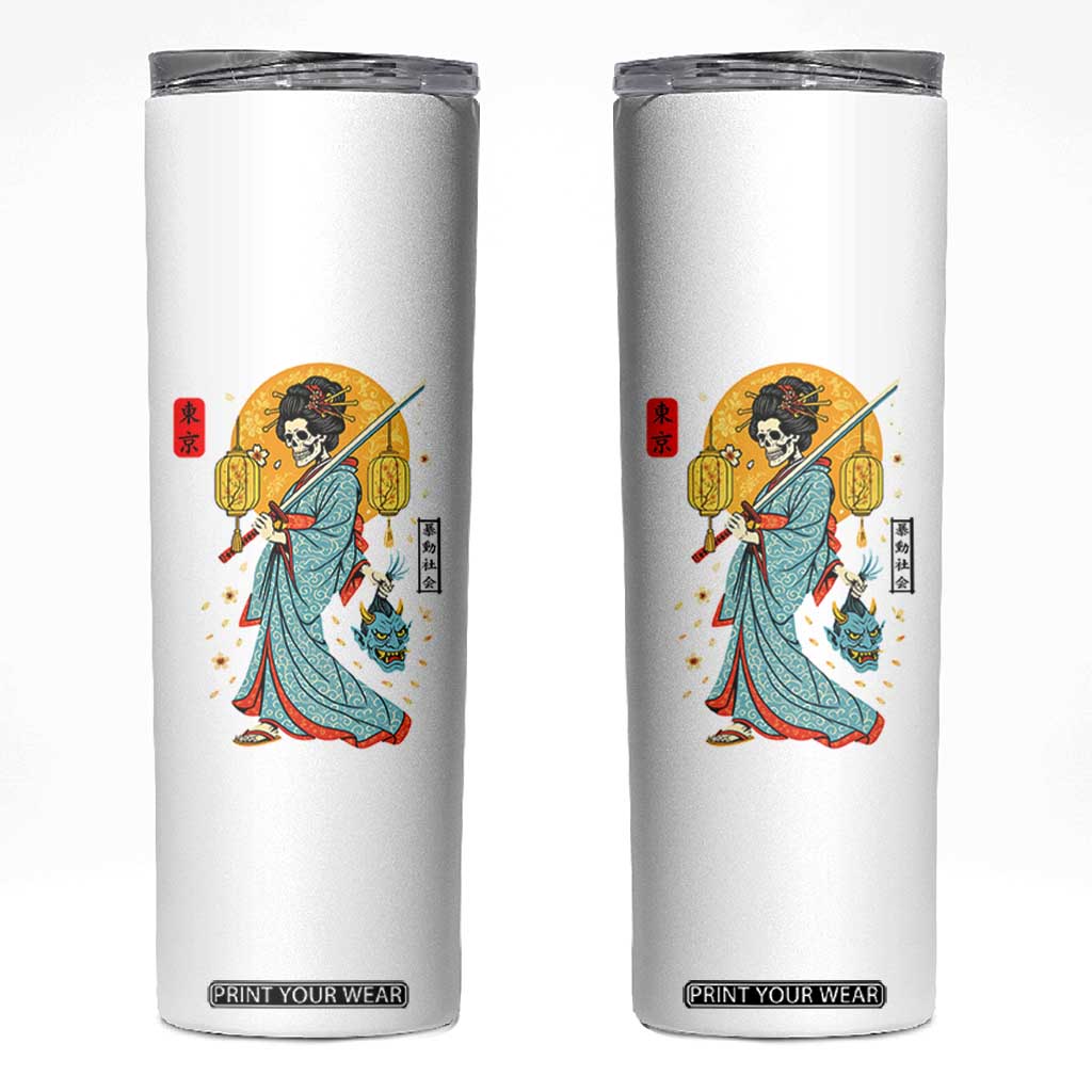 Gothic Samurai Geisha Skeleton Skinny Tumbler Japanese Kimono And Katana TS12 White Print Your Wear