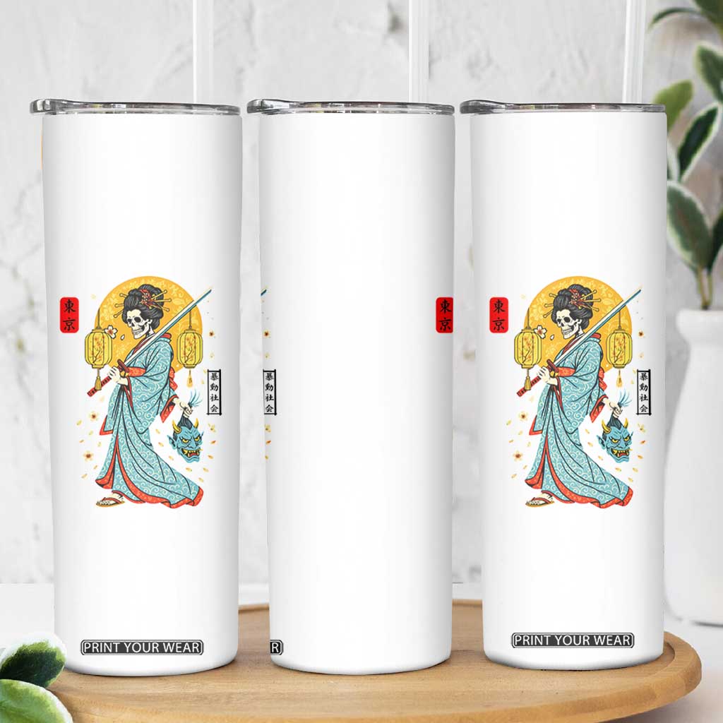 Gothic Samurai Geisha Skeleton Skinny Tumbler Japanese Kimono And Katana TS12 Print Your Wear