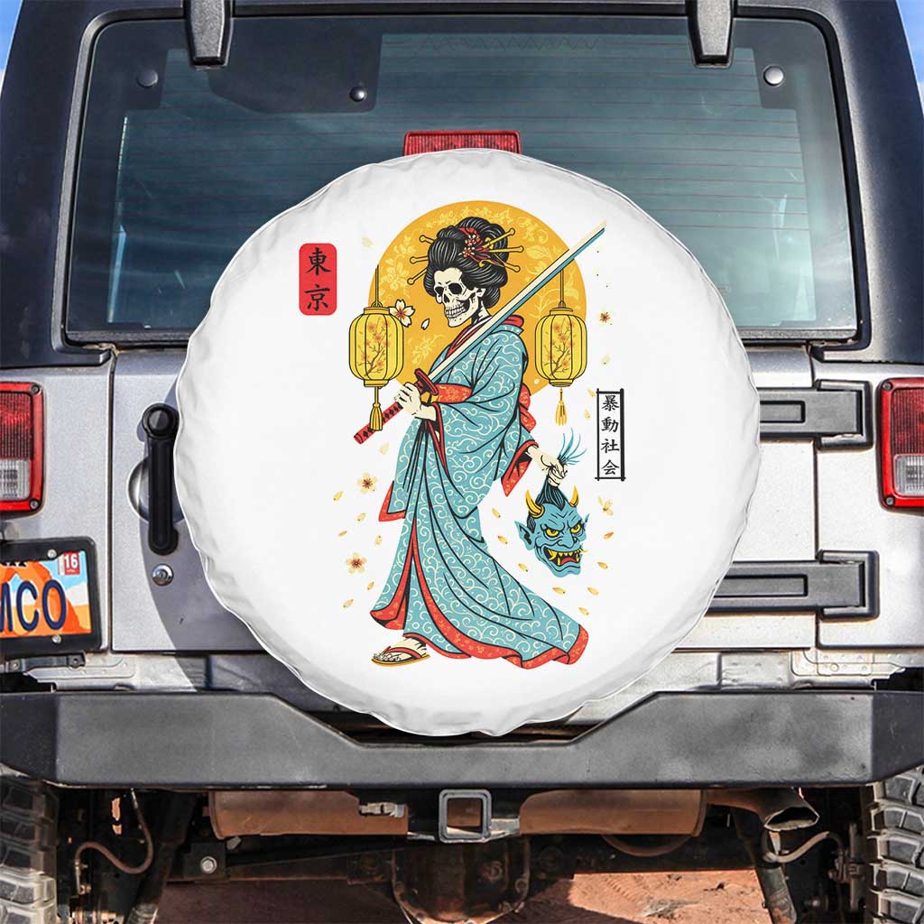 Gothic Samurai Geisha Skeleton Spare Tire Cover Japanese Kimono And Katana TS12 No hole White Print Your Wear