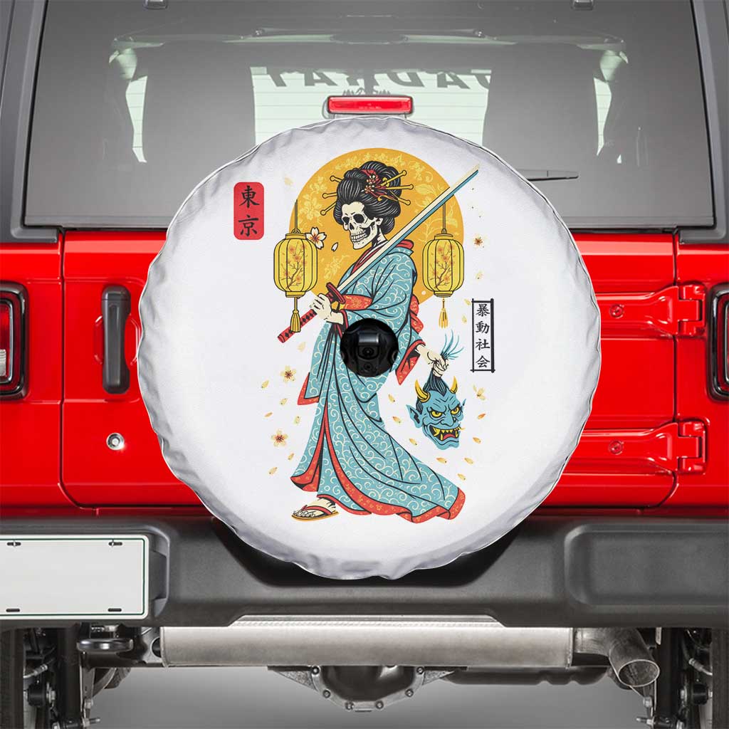 Gothic Samurai Geisha Skeleton Spare Tire Cover Japanese Kimono And Katana TS12 White Print Your Wear