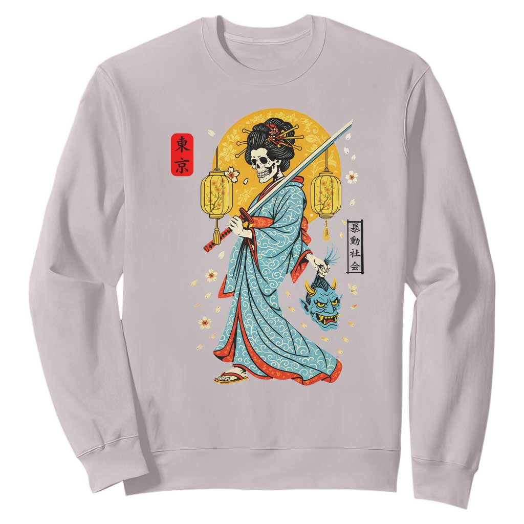 Gothic Samurai Geisha Skeleton Sweatshirt Japanese Kimono And Katana TS12 Ice Gray Print Your Wear