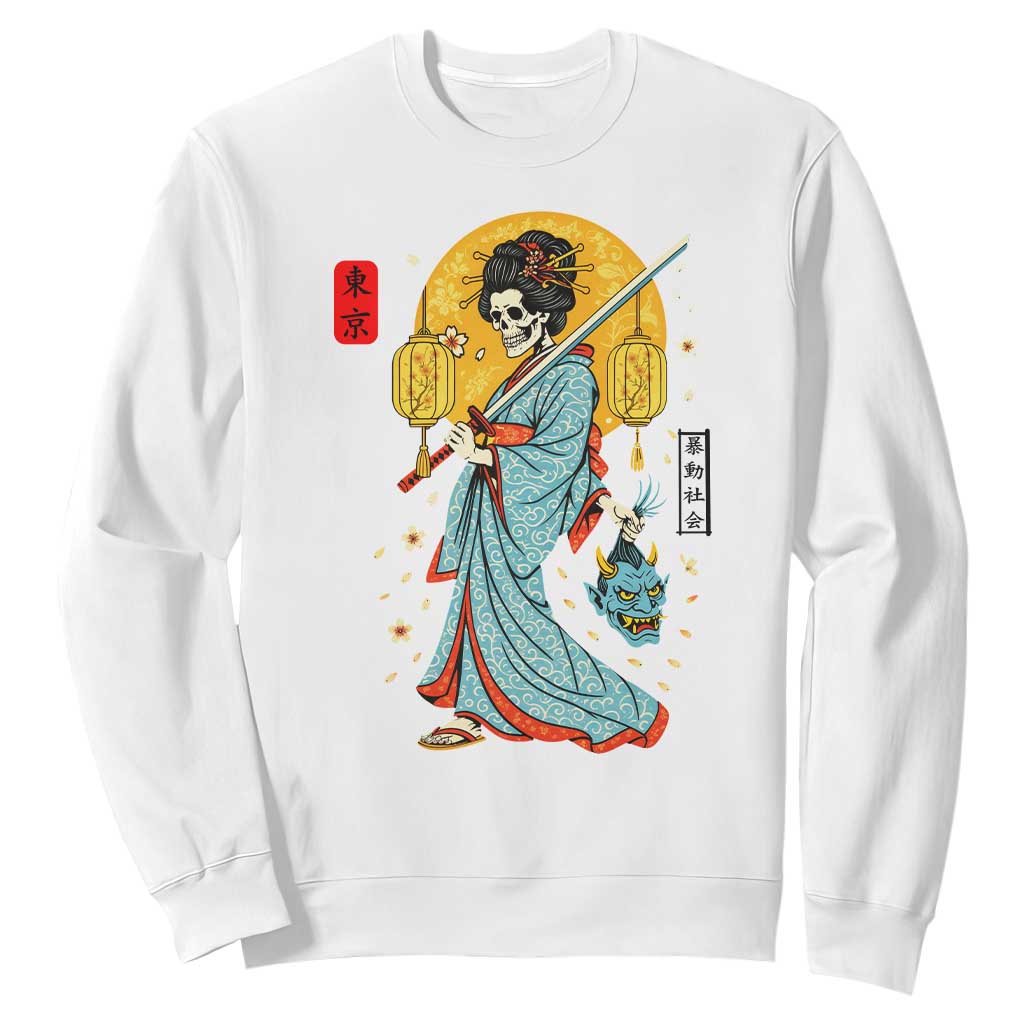 Gothic Samurai Geisha Skeleton Sweatshirt Japanese Kimono And Katana TS12 White Print Your Wear