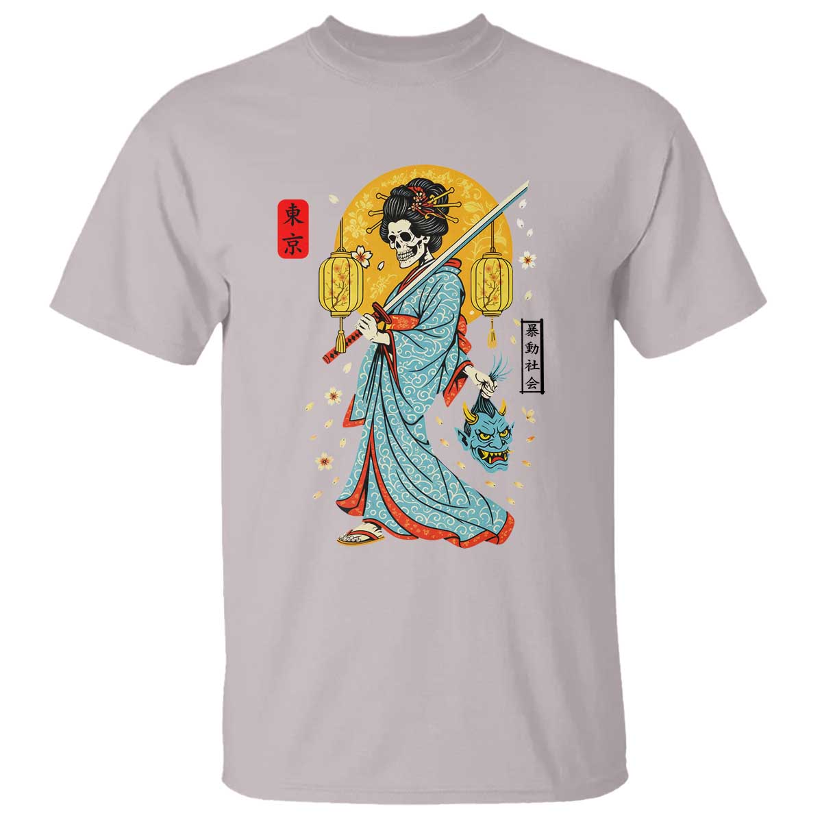 Gothic Samurai Geisha Skeleton T Shirt Japanese Kimono And Katana TS12 Ice Gray Print Your Wear