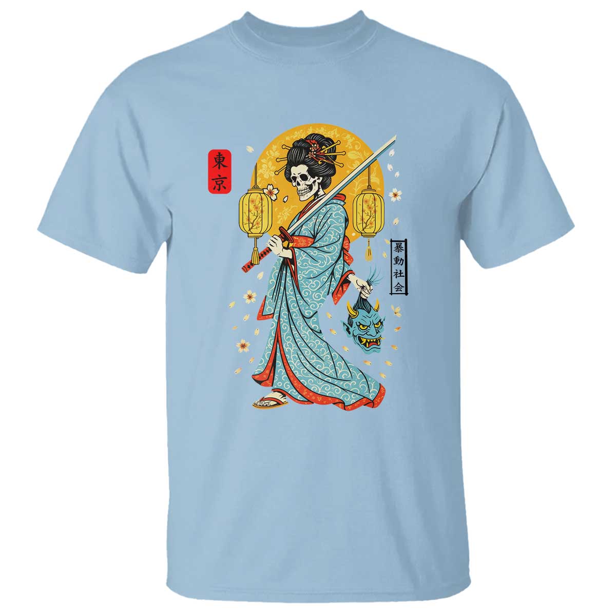 Gothic Samurai Geisha Skeleton T Shirt Japanese Kimono And Katana TS12 Light Blue Print Your Wear