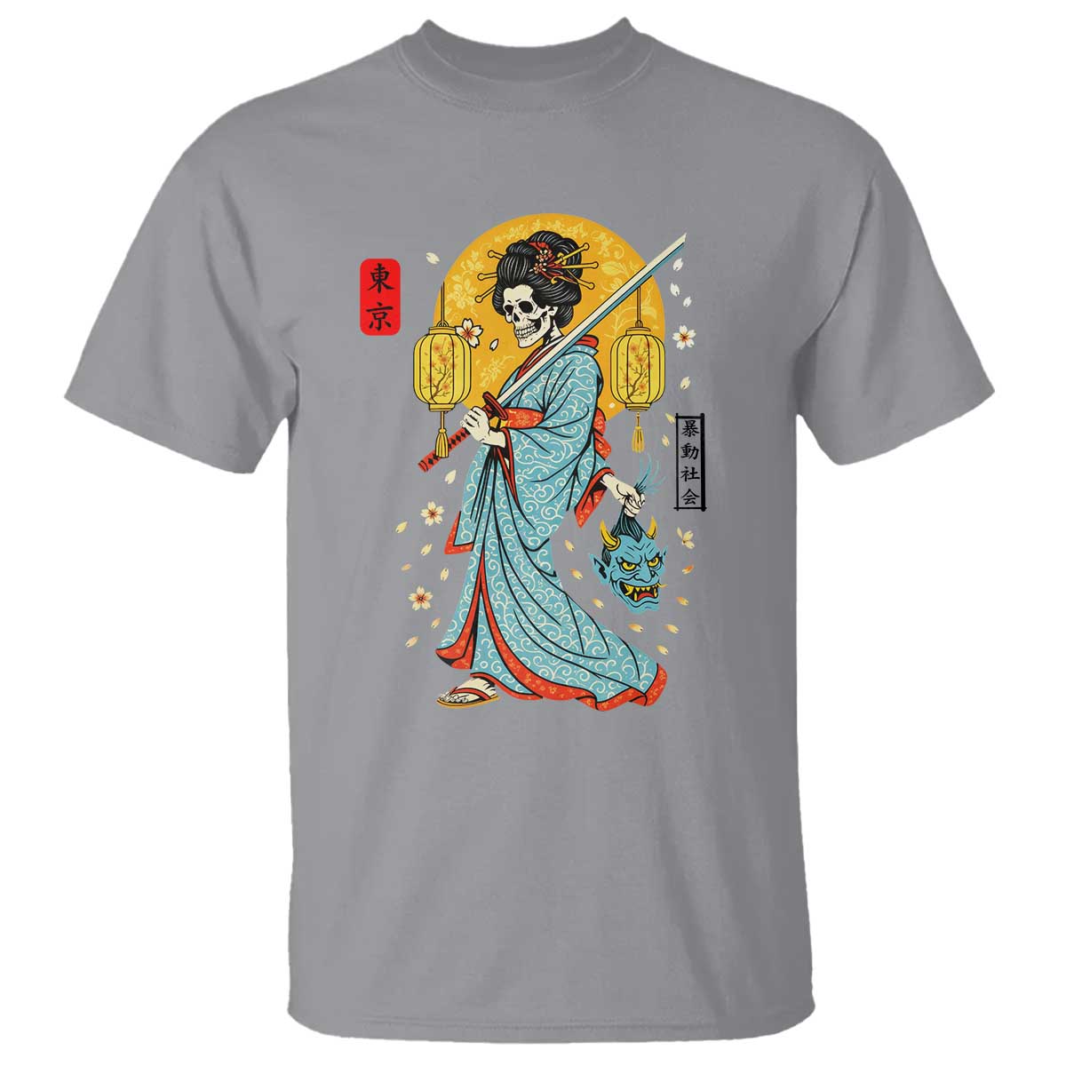 Gothic Samurai Geisha Skeleton T Shirt Japanese Kimono And Katana TS12 Sport Gray Print Your Wear