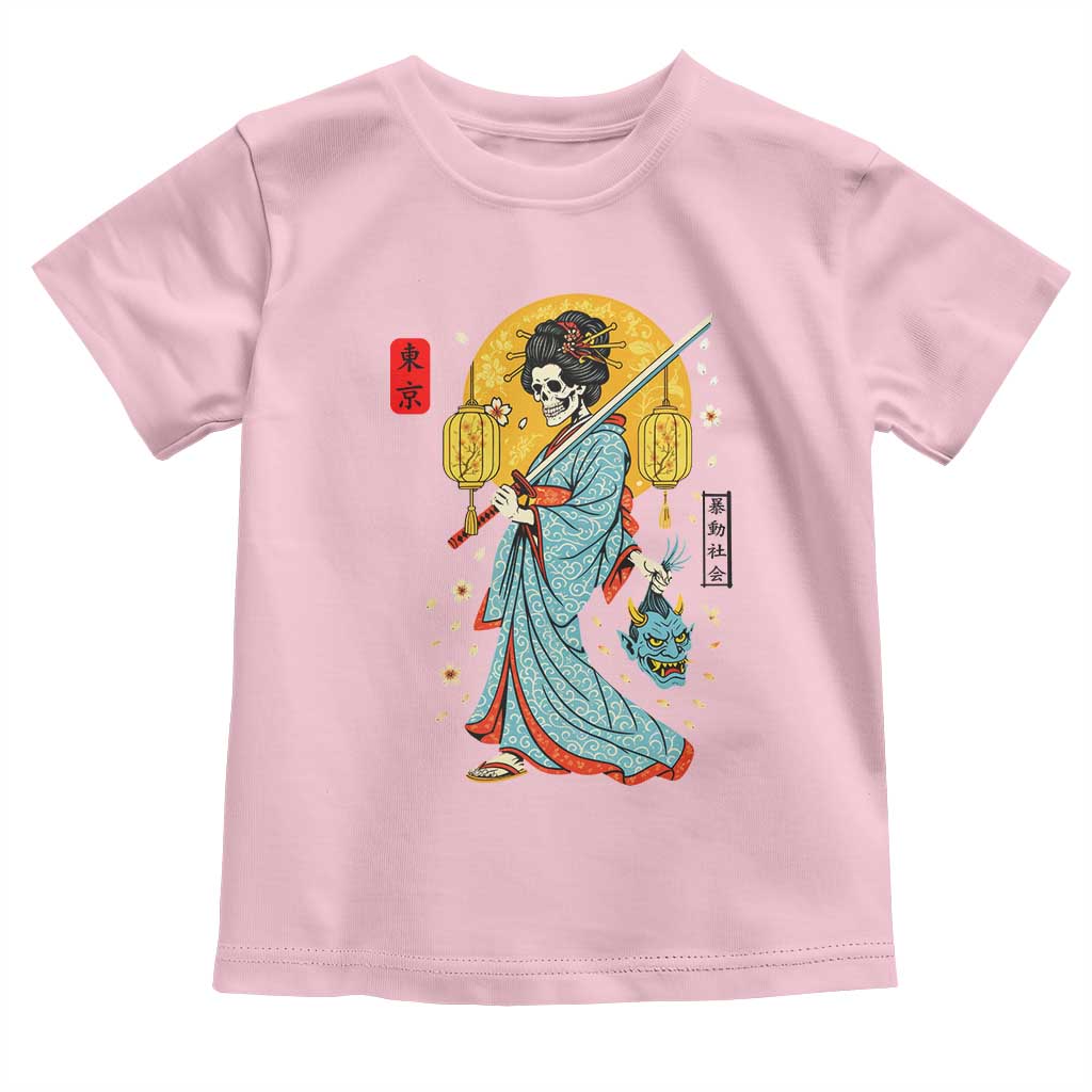 Gothic Samurai Geisha Skeleton Toddler T Shirt Japanese Kimono And Katana TS12 Light Pink Print Your Wear