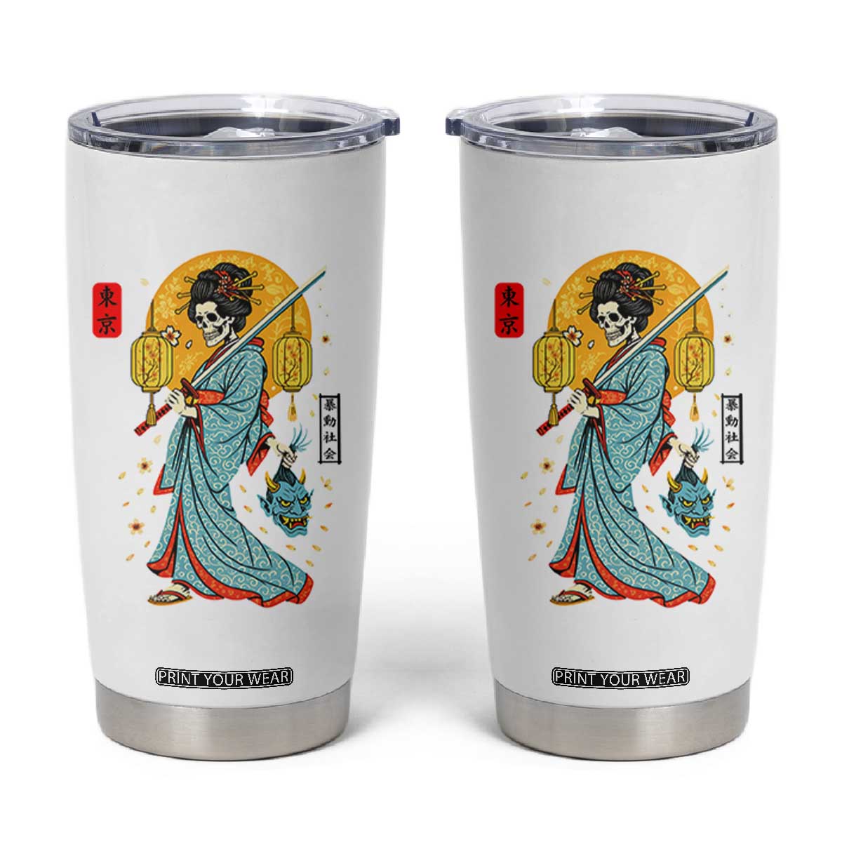 Gothic Samurai Geisha Skeleton Tumbler Cup Japanese Kimono And Katana TS12 White Print Your Wear