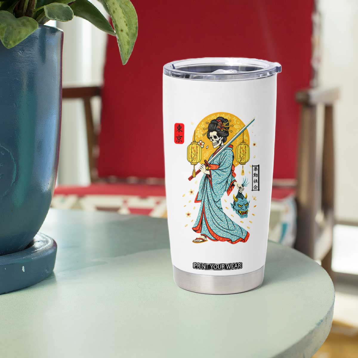 Gothic Samurai Geisha Skeleton Tumbler Cup Japanese Kimono And Katana TS12 Print Your Wear