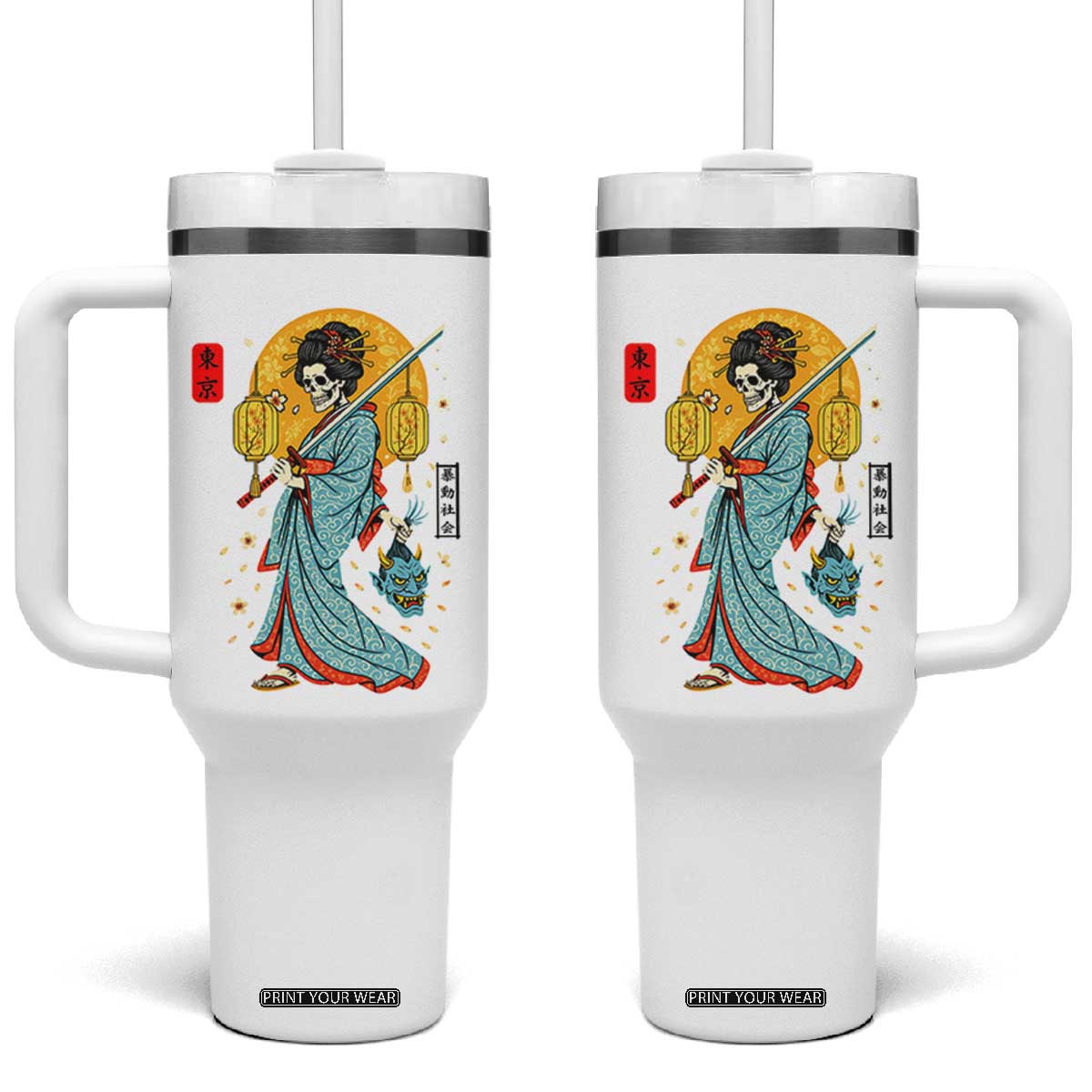Gothic Samurai Geisha Skeleton Tumbler With Handle Japanese Kimono And Katana TS12 One Size: 40 oz White Print Your Wear