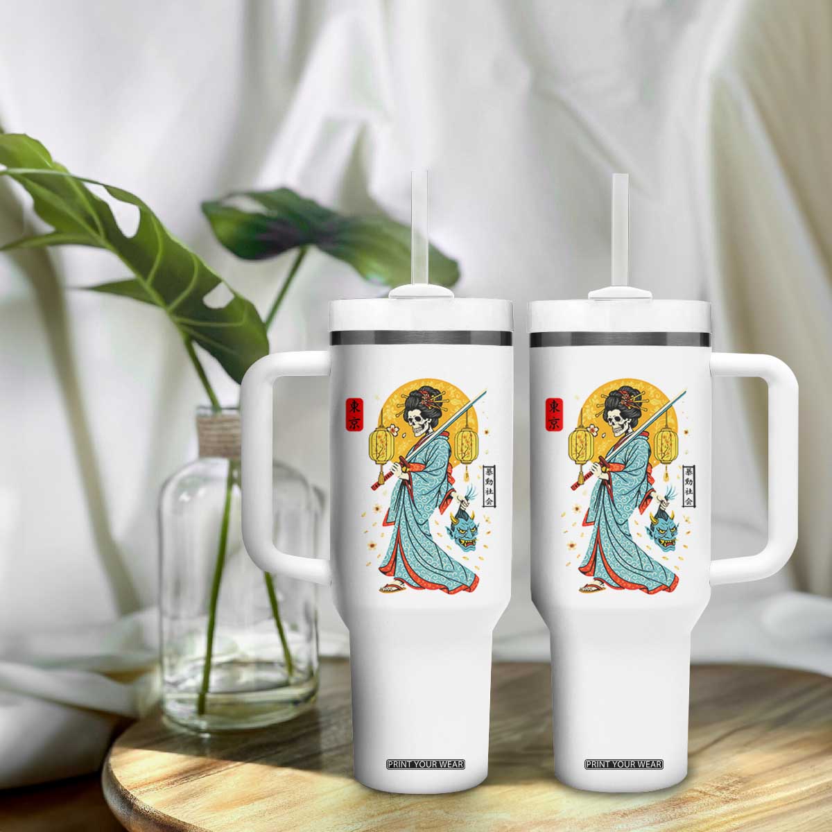 Gothic Samurai Geisha Skeleton Tumbler With Handle Japanese Kimono And Katana TS12 Print Your Wear