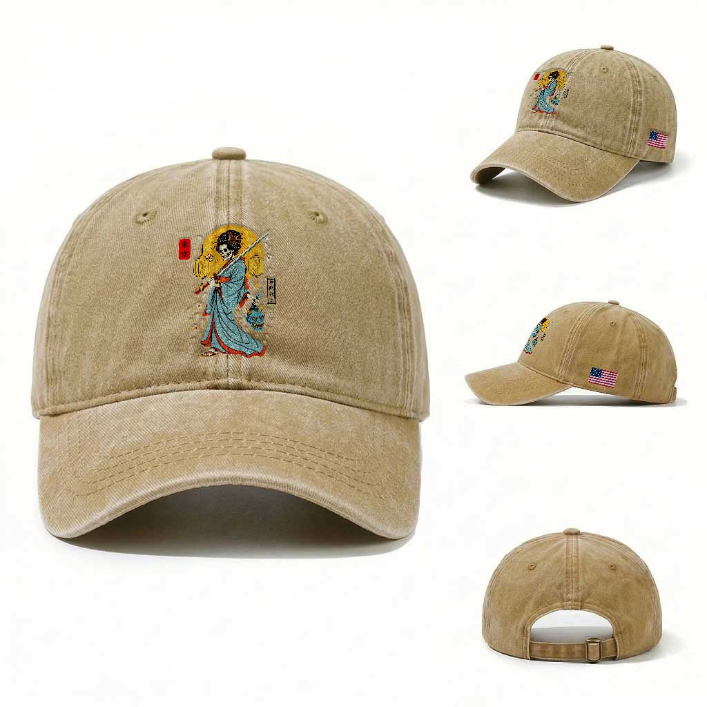 Gothic Samurai Geisha Skeleton Washed Cotton Baseball Cap Japanese Kimono And Katana TS12 Washed Cap Universal Fit Khaki Print Your Wear