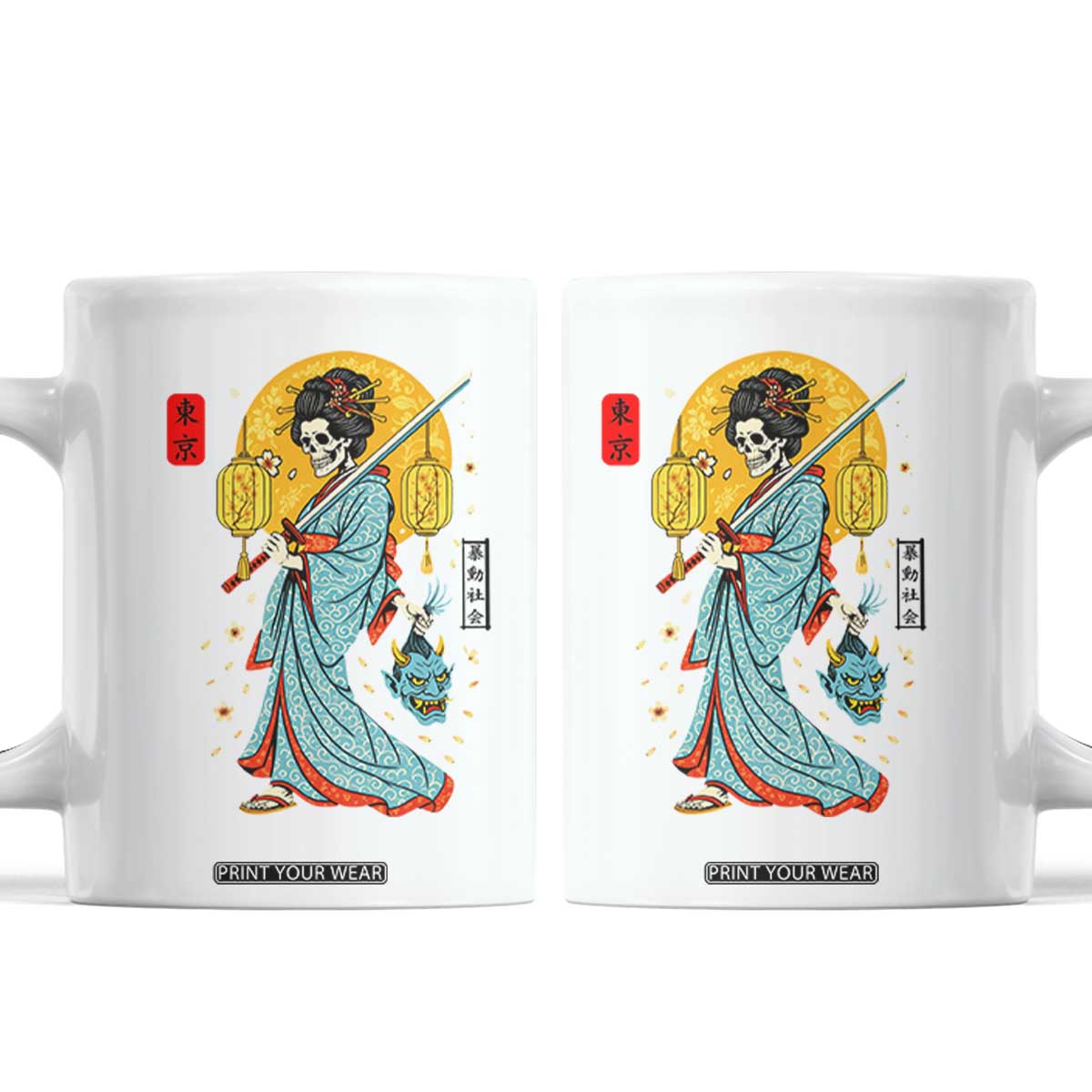 Gothic Samurai Geisha Skeleton Coffee Mug Japanese Kimono And Katana TS12 White Print Your Wear