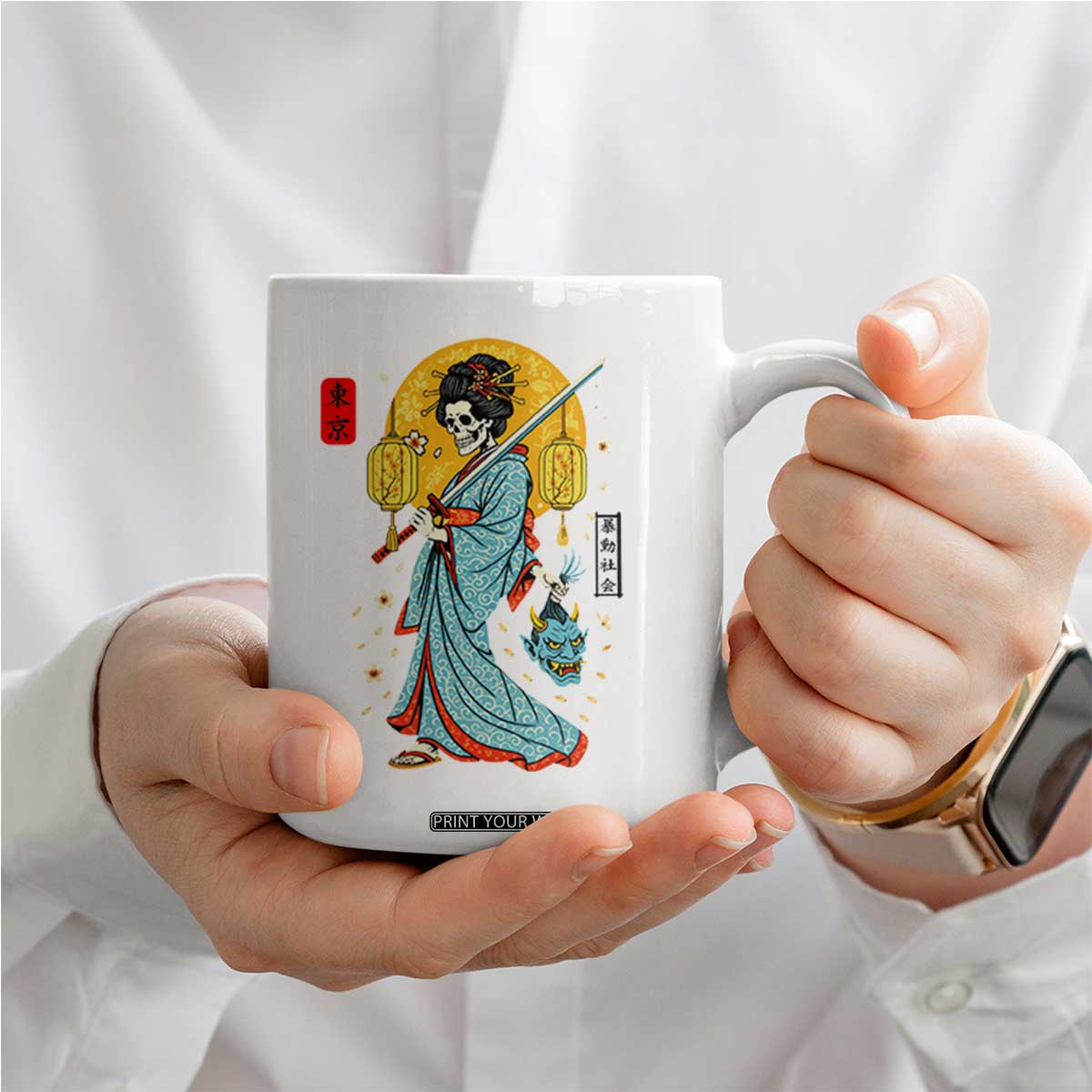 Gothic Samurai Geisha Skeleton Coffee Mug Japanese Kimono And Katana TS12 Print Your Wear