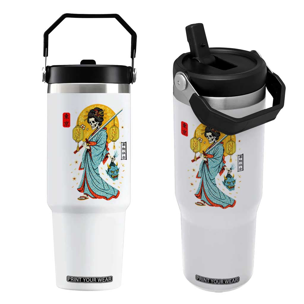 Gothic Samurai Geisha Skeleton Flip Straw Tumbler Japanese Kimono And Katana TS12 One Size: 30 oz White Print Your Wear