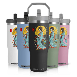 Gothic Samurai Geisha Skeleton Flip Straw Tumbler Japanese Kimono And Katana TS12 Print Your Wear
