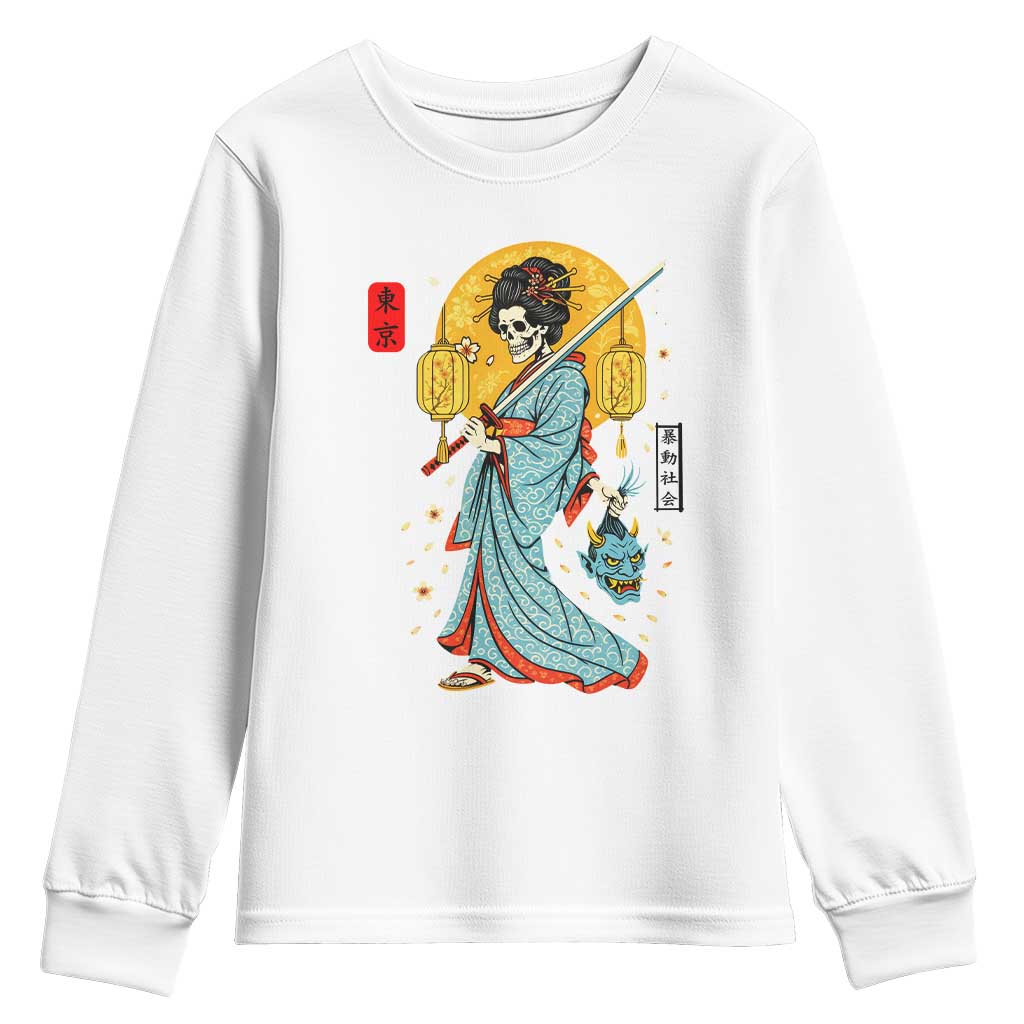 Gothic Samurai Geisha Skeleton Youth Sweatshirt Japanese Kimono And Katana TS12 White Print Your Wear