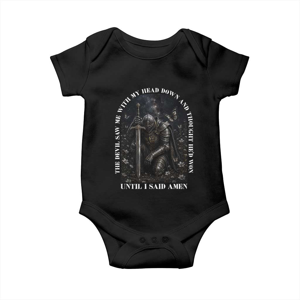 Christian Knight Templar Crusader Baby Onesie The Devil Saw Me With My Head Down And Thought He'd Won TS12 Black Print Your Wear