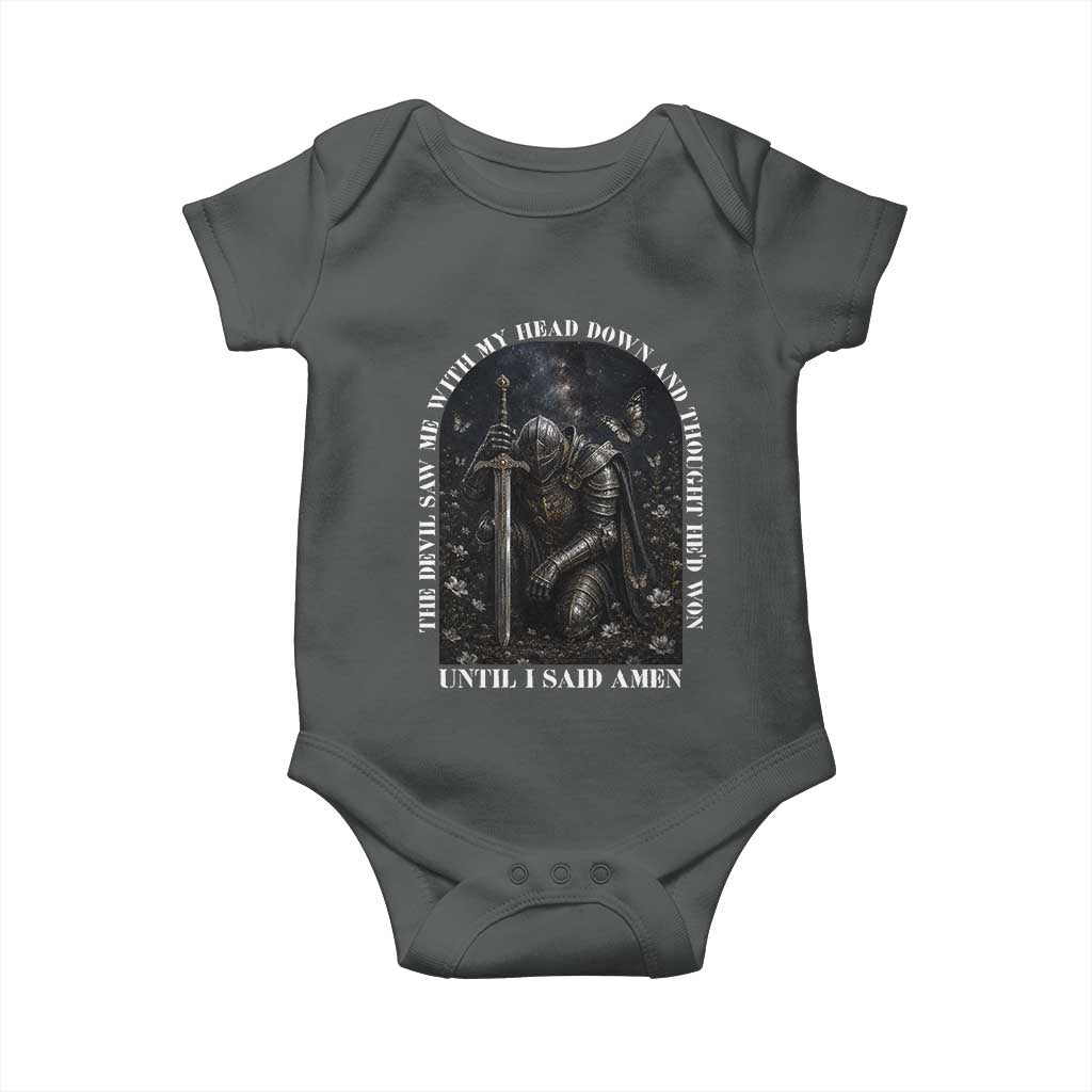 Christian Knight Templar Crusader Baby Onesie The Devil Saw Me With My Head Down And Thought He'd Won TS12 Dark Heather Print Your Wear