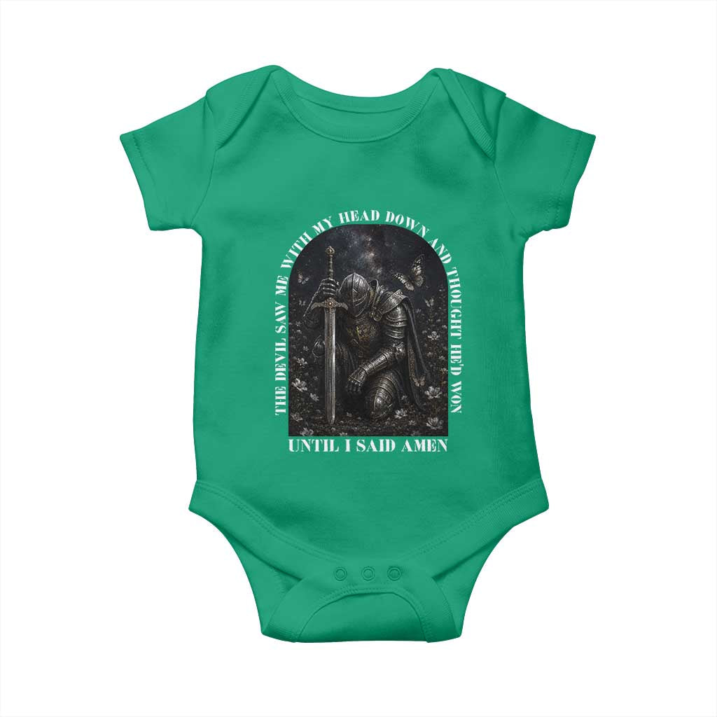 Christian Knight Templar Crusader Baby Onesie The Devil Saw Me With My Head Down And Thought He'd Won TS12 Irish Green Print Your Wear