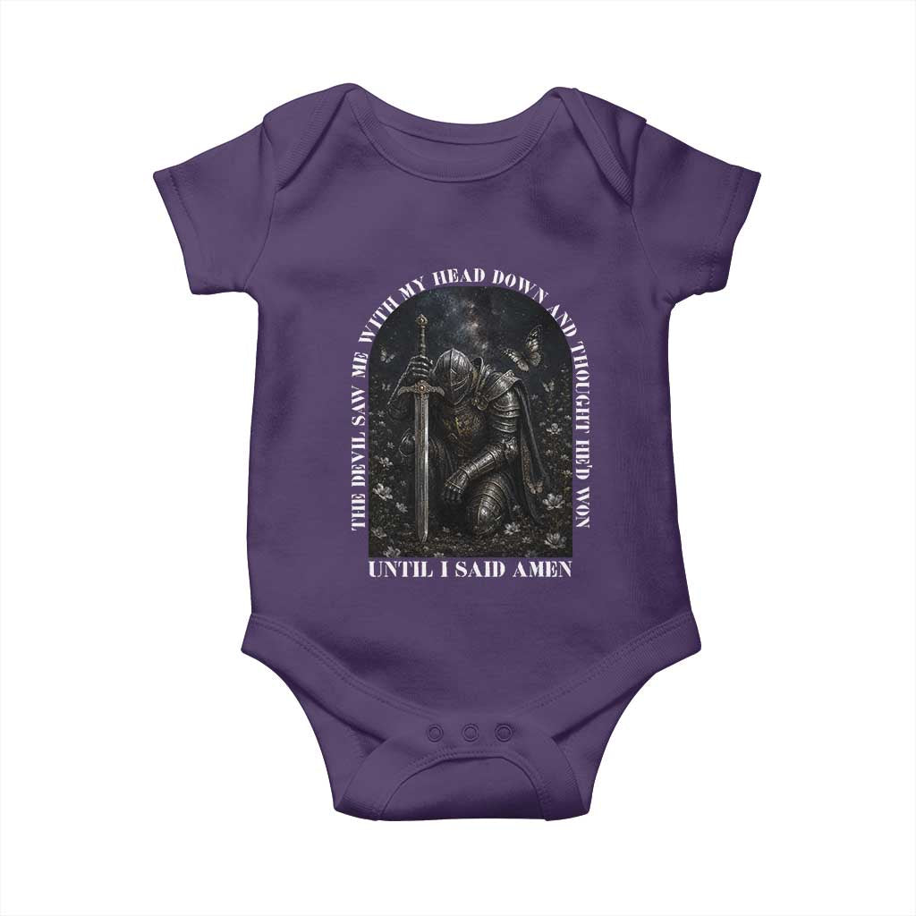 Christian Knight Templar Crusader Baby Onesie The Devil Saw Me With My Head Down And Thought He'd Won TS12 Purple Print Your Wear