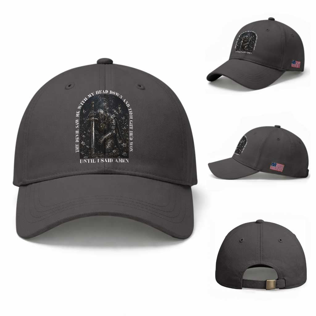 Christian Knight Templar Crusader Baseball Cap The Devil Saw Me With My Head Down And Thought He'd Won TS12 Baseball Cap Universal Fit Dark Gray Print Your Wear
