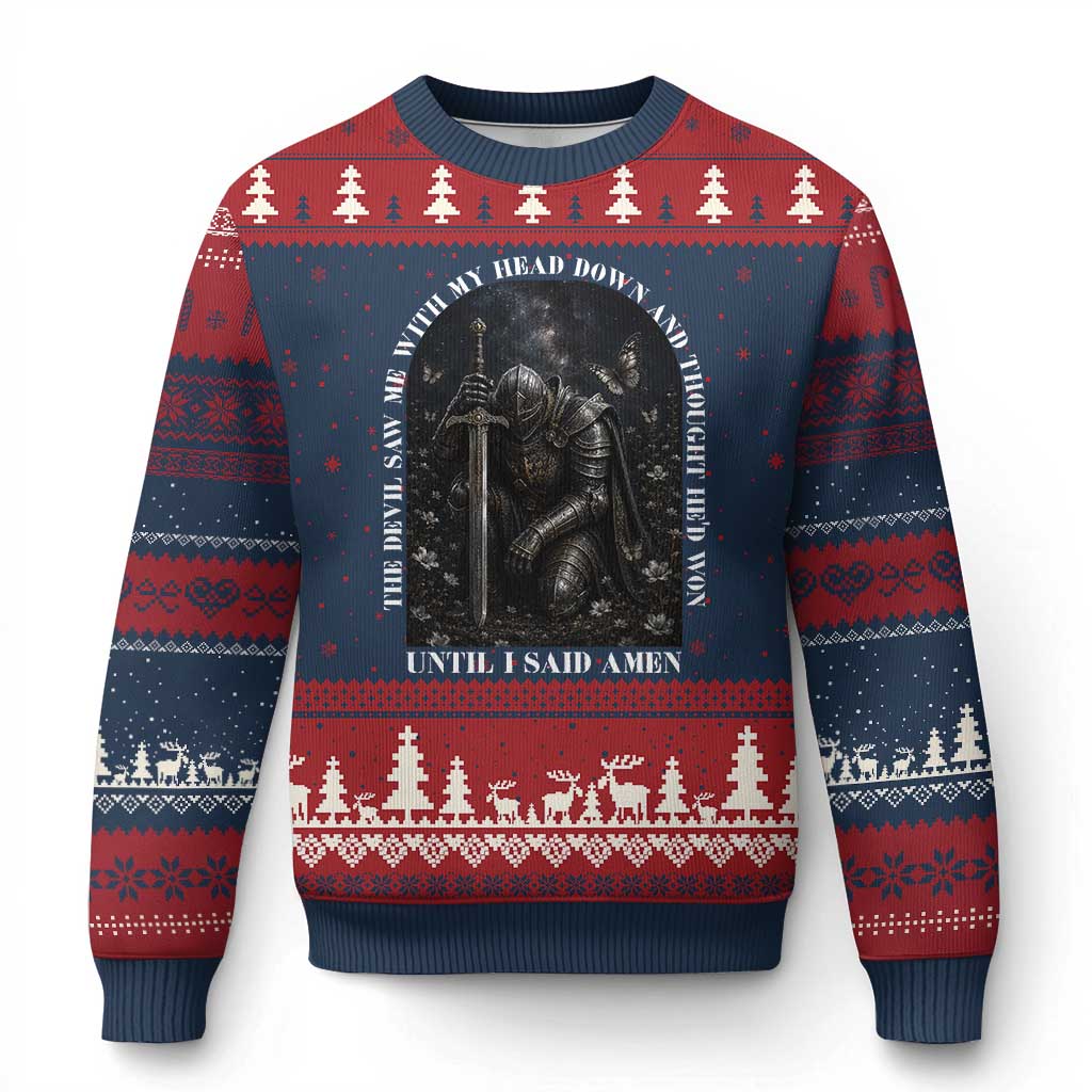 Christian Knight Templar Crusader Ugly Christmas Sweater The Devil Saw Me With My Head Down And Thought He'd Won TS12 Navy Red Print Your Wear