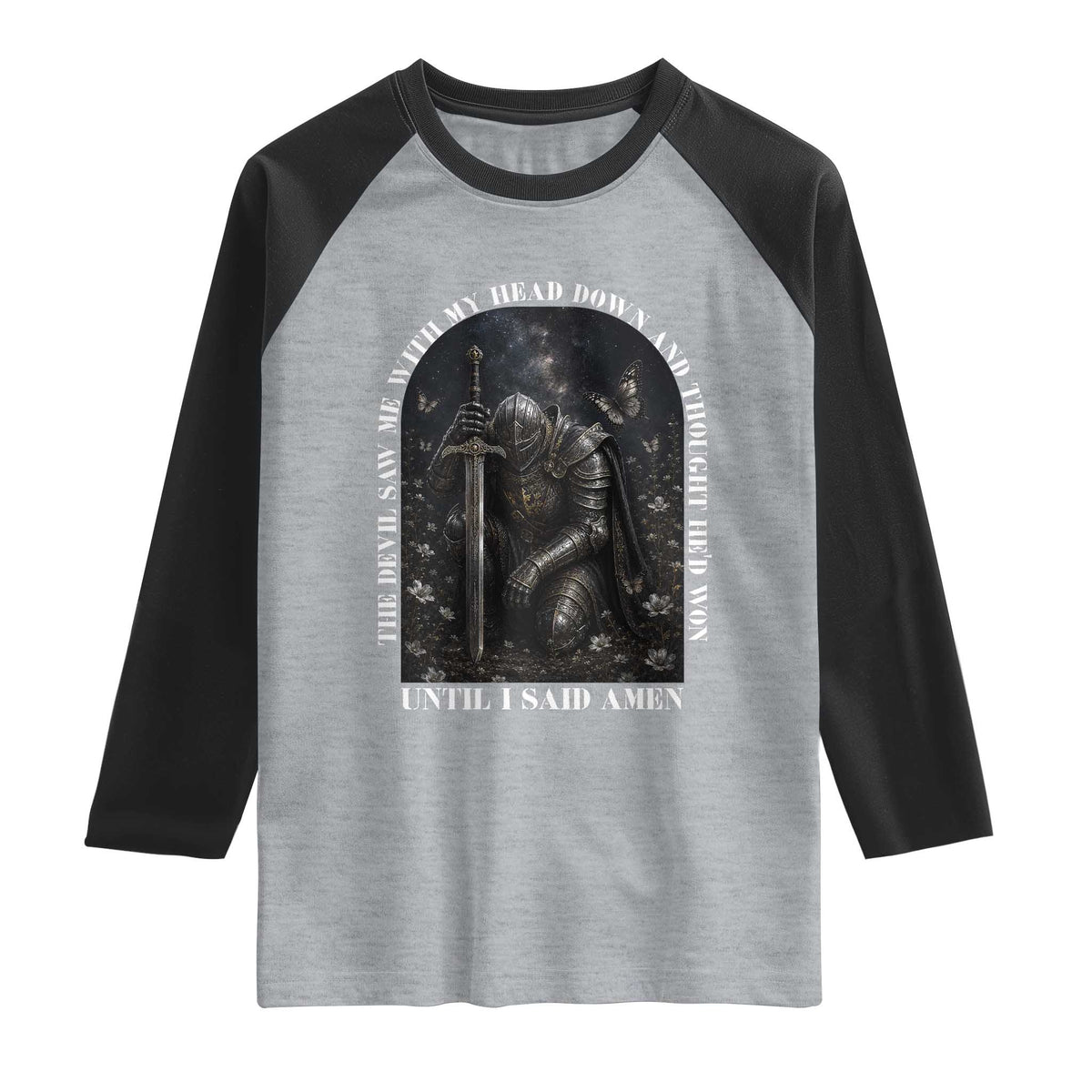 Christian Knight Templar Crusader Raglan Shirt The Devil Saw Me With My Head Down And Thought He'd Won TS12 Heather Gray Black Print Your Wear