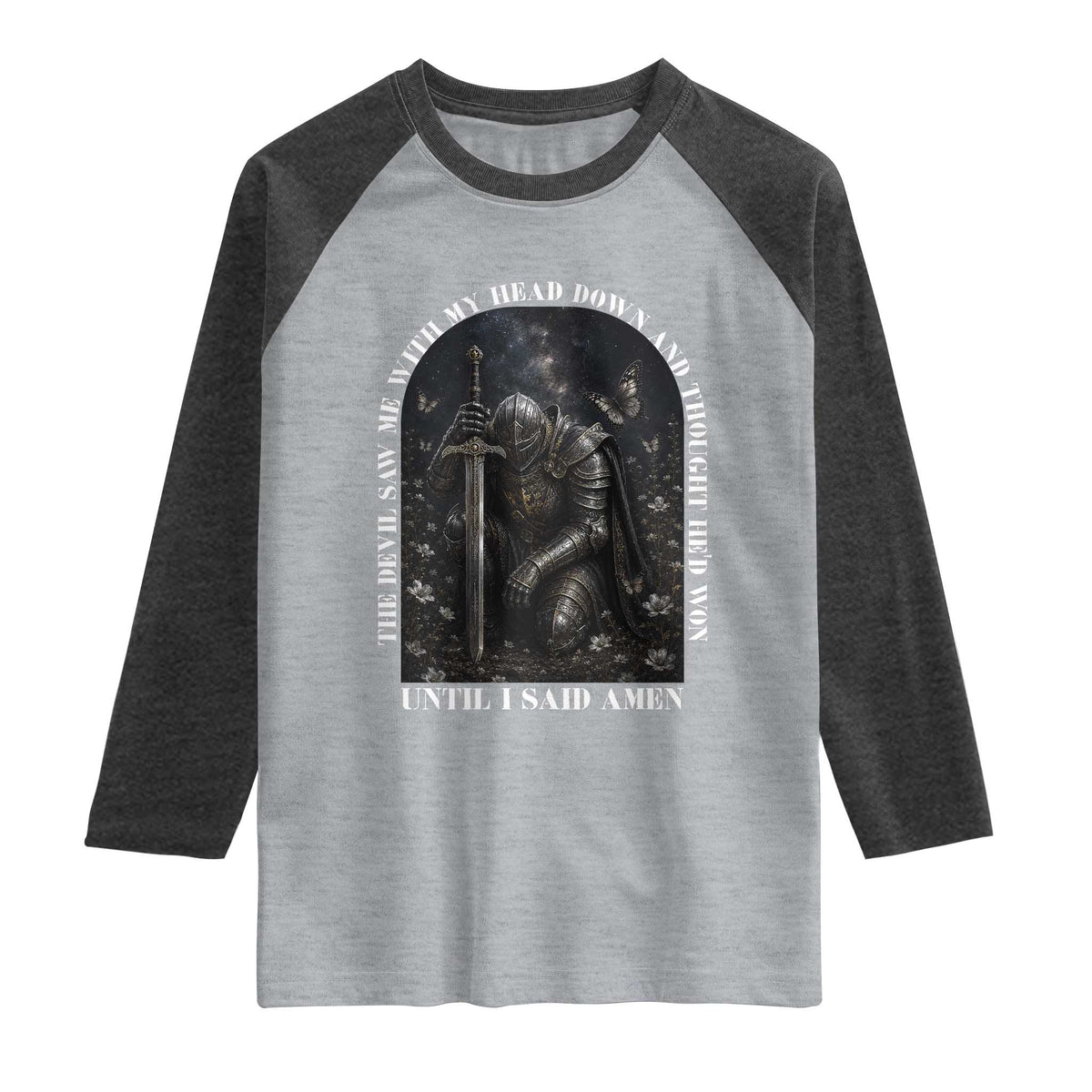 Christian Knight Templar Crusader Raglan Shirt The Devil Saw Me With My Head Down And Thought He'd Won TS12 Heather Gray Heather Charcoal Print Your Wear
