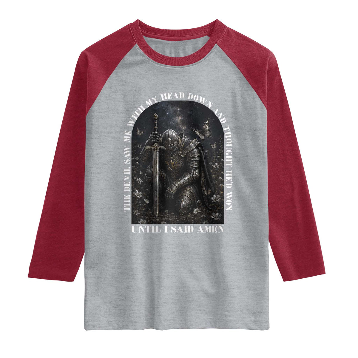 Christian Knight Templar Crusader Raglan Shirt The Devil Saw Me With My Head Down And Thought He'd Won TS12 Heather Gray Heather Red Print Your Wear