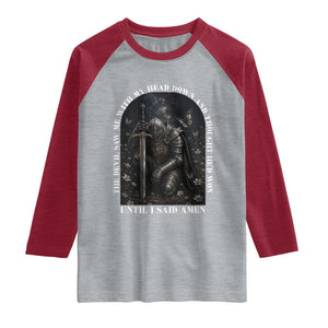 Christian Knight Templar Crusader Raglan Shirt The Devil Saw Me With My Head Down And Thought He'd Won TS12 Heather Gray Heather Red Print Your Wear